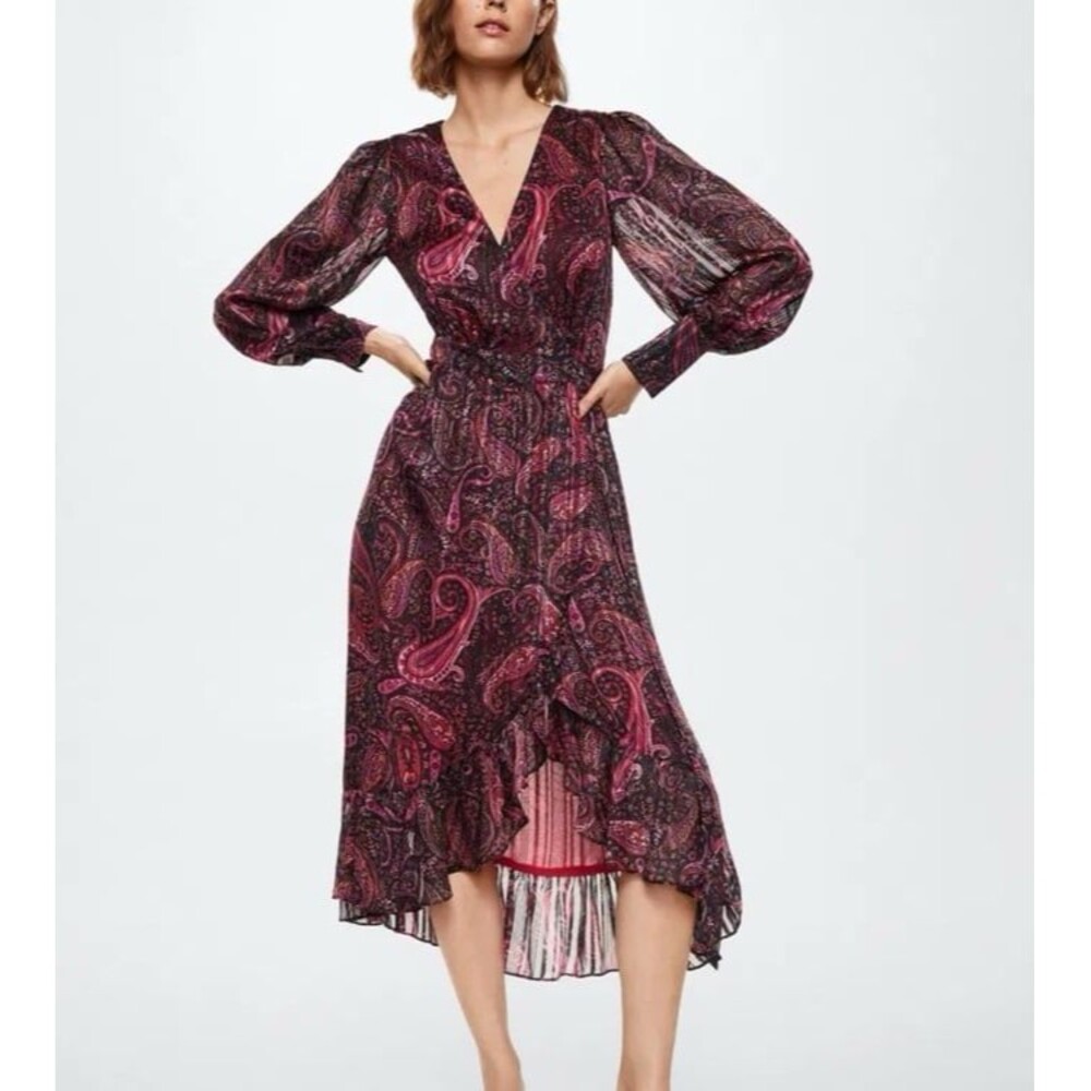 Mango Paisley Wrap Midi Dress Black Pink Metallic Ruffle Hem Size 4